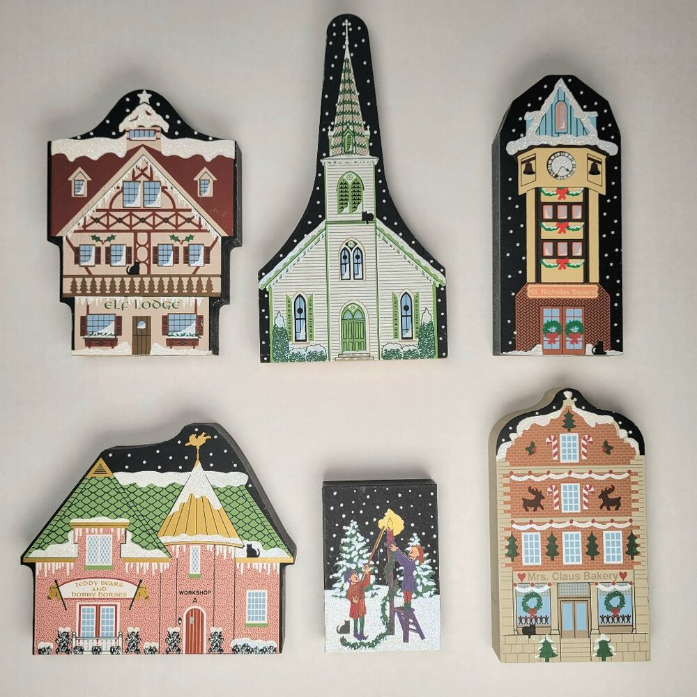 Cat's Meow North Pole Collection LOT of 6 - Square Clock Church Elf Lodge Bakery